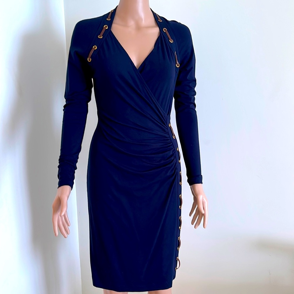 CARMEN navy blue faux leather lace up rivets body on dress! New with tags!